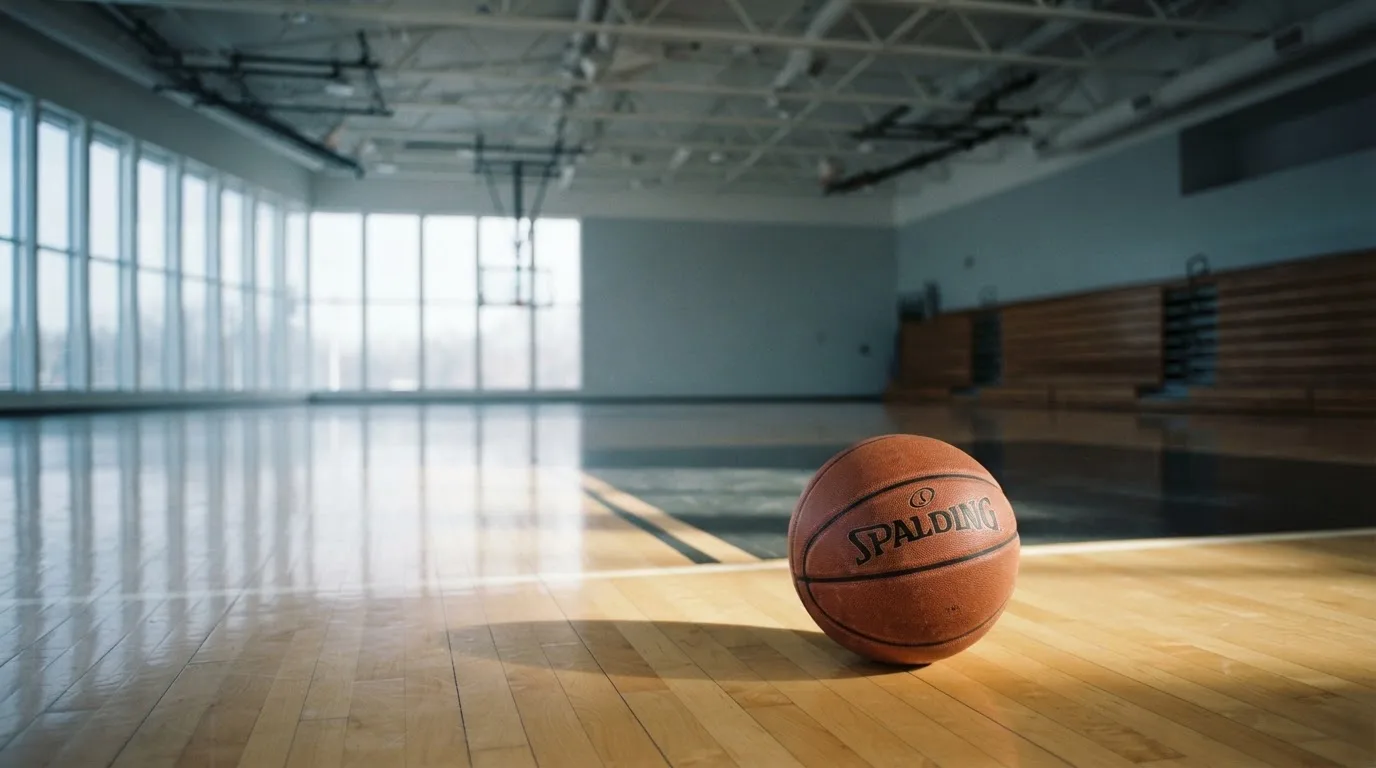 Ein Basketball liegt auf dem Parkett einer leeren Halle, Licht fällt durch hohe Fenster.