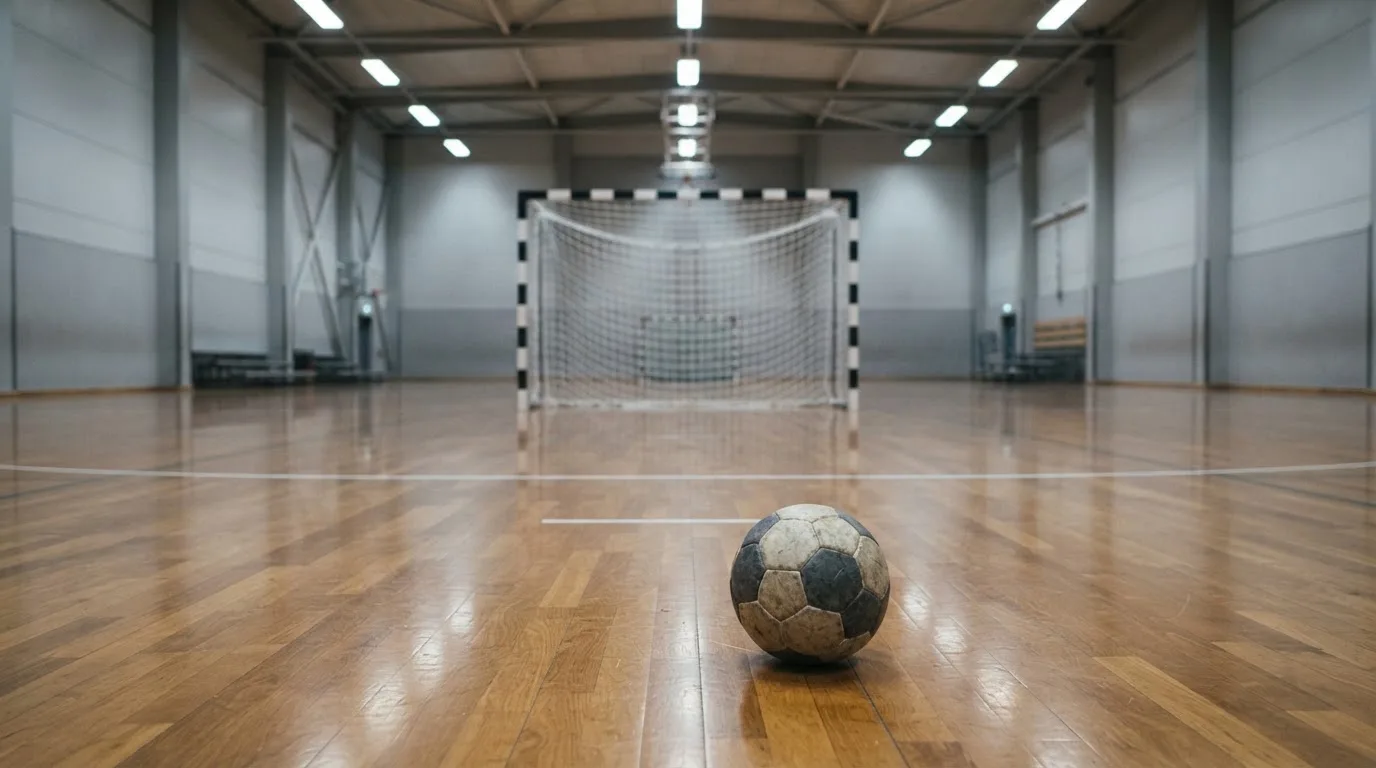 Ein Handball liegt in einer leeren Halle auf dem Boden vor dem Tor.