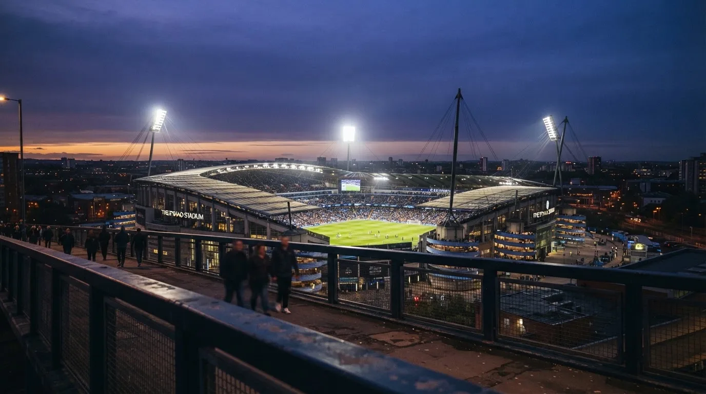 Ein Stadion bei Dämmerung mit eingeschalteten Flutlichtmasten, von einer Brücke aus aufgenommen.