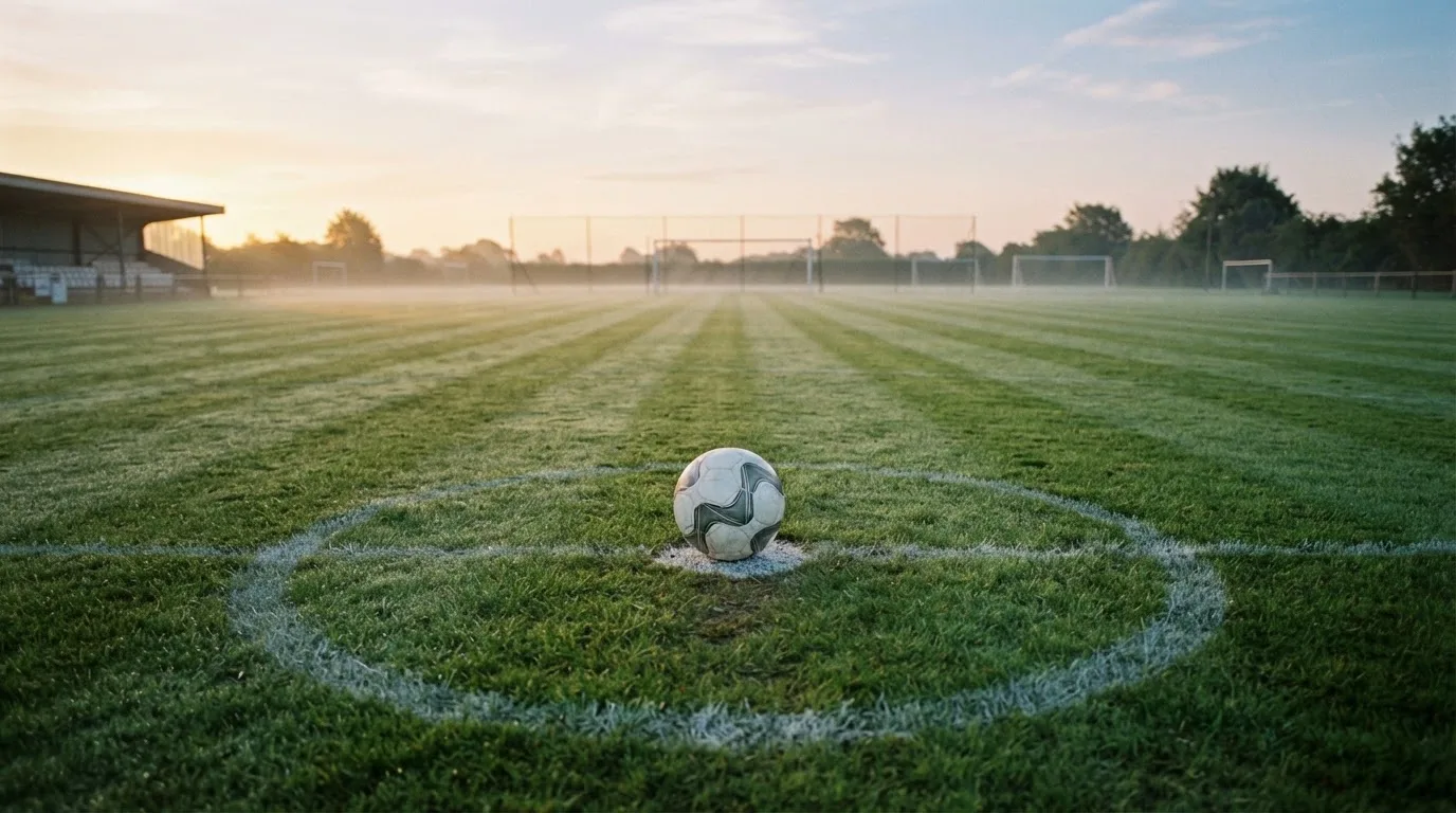 Ein Fußball liegt auf dem Anstoßkreis eines leeren Rasenplatzes im frühen Morgenlicht.