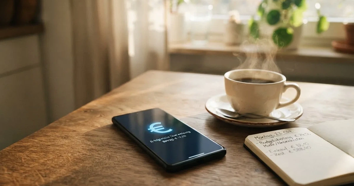 Ein Smartphone mit dunklem Display liegt neben einer Kaffeetasse und einem Notizbuch auf einem Küchentisch.