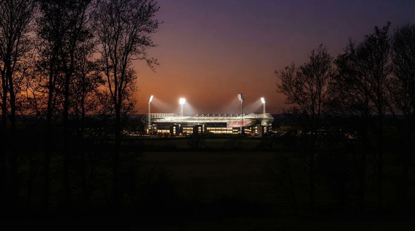 Ein Stadion unter Flutlicht aus großer Entfernung, davor die Silhouetten von Bäumen im Abendhimmel.
