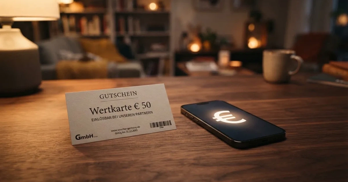 Eine unbedruckte Plastikkarte und ein Stapel Münzen liegen auf einem Tresen aus dunklem Holz im Lampenlicht.