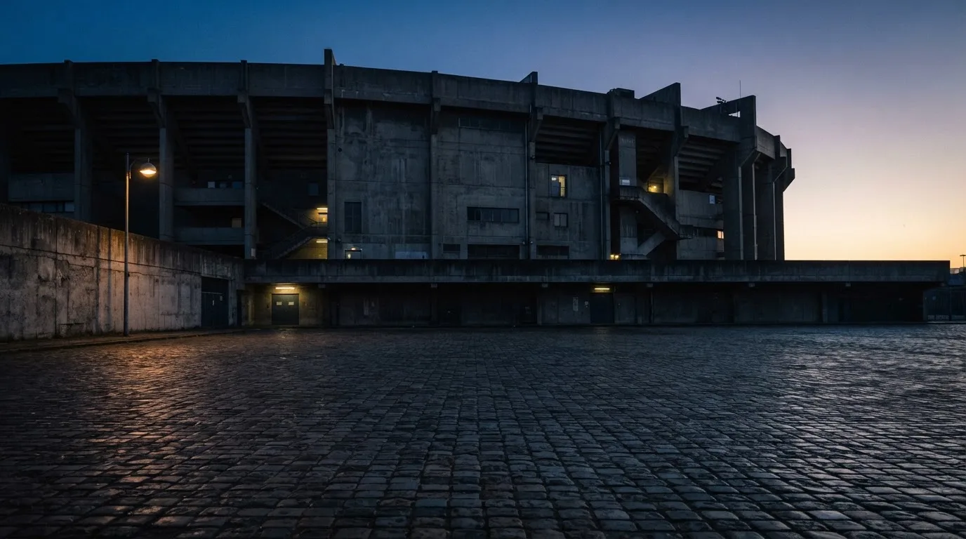 Die Rückseite einer Tribüne bei Dämmerung, davor ein menschenleerer Vorplatz mit Pflastersteinen.