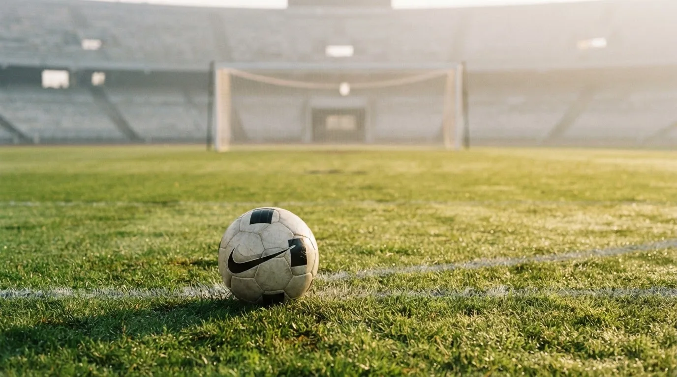 Ein Fußball auf dem Rasen vor einem leeren Tor im frühen Morgenlicht.