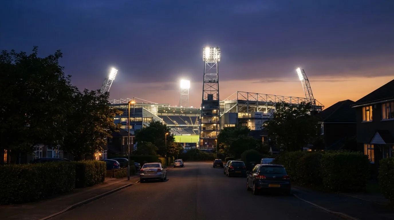 Ein Stadion aus der Ferne bei Flutlicht, davor eine ruhige Straße in der Abenddämmerung.