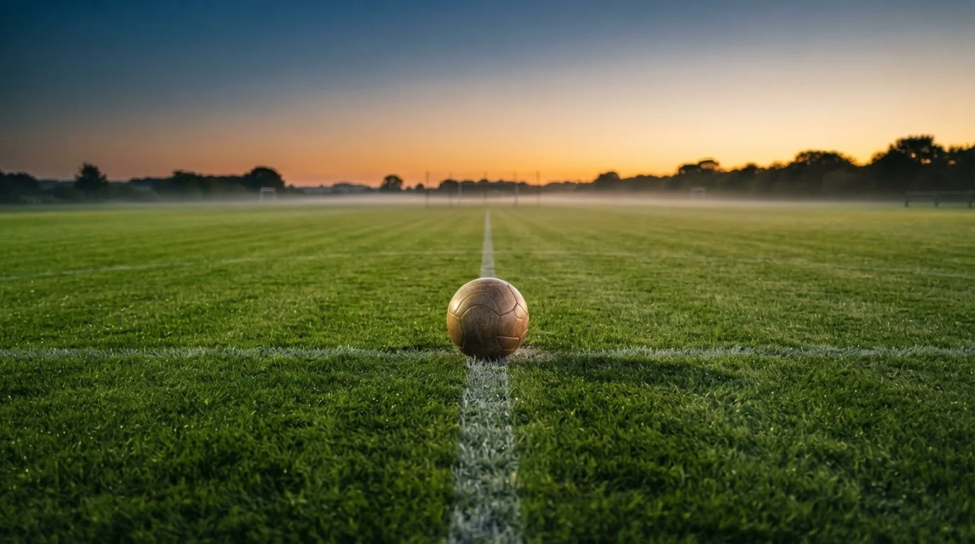 Ein Fußball liegt in der Mitte eines leeren Rasenplatzes, am Horizont färbt sich der Himmel orange.