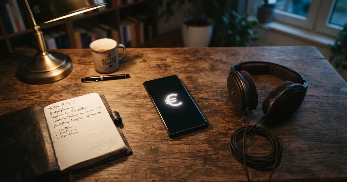 Ein Smartphone mit schwarzem Display liegt neben Kopfhörern auf einem Schreibtisch, daneben ein aufgeschlagenes Notizbuch.
