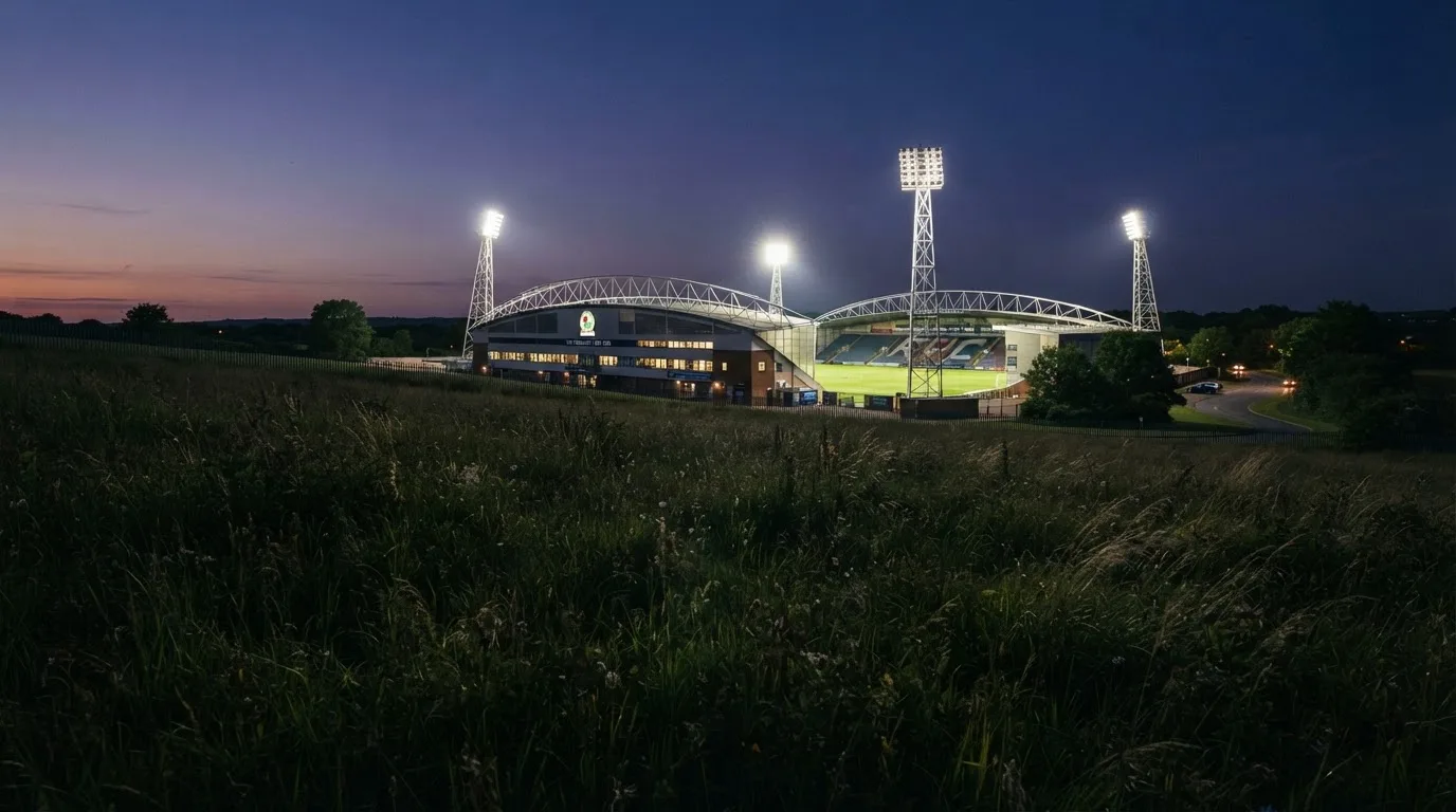 Ein hell beleuchtetes Stadion aus der Ferne in der Dämmerung, im Vordergrund ein Feld mit hohem Gras.