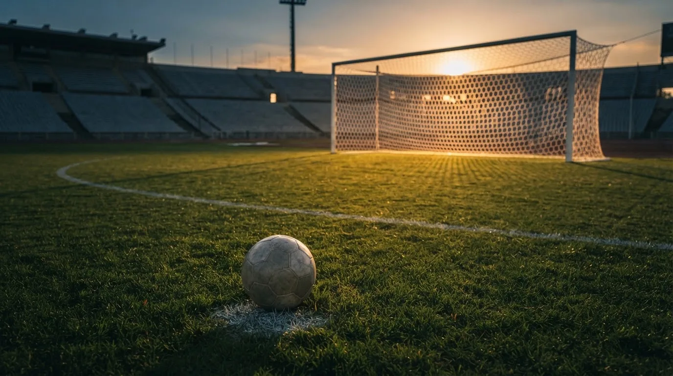Ein Fußball liegt im Strafraum eines leeren Platzes, dahinter die Netze des Tores im Abendlicht.