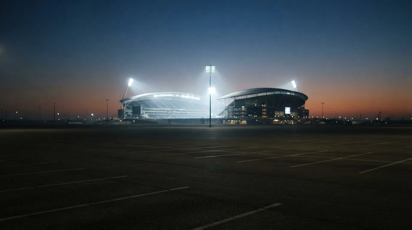 Ein Stadion unter Flutlicht aus großer Entfernung bei Einbruch der Dunkelheit, davor ein stiller Parkplatz.