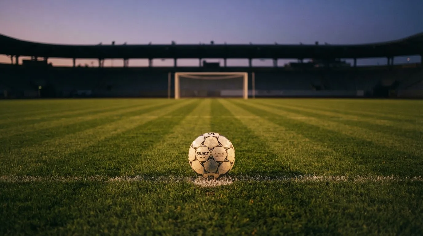 Ein Fußball liegt auf dem Elfmeterpunkt eines leeren Platzes im Abendlicht.
