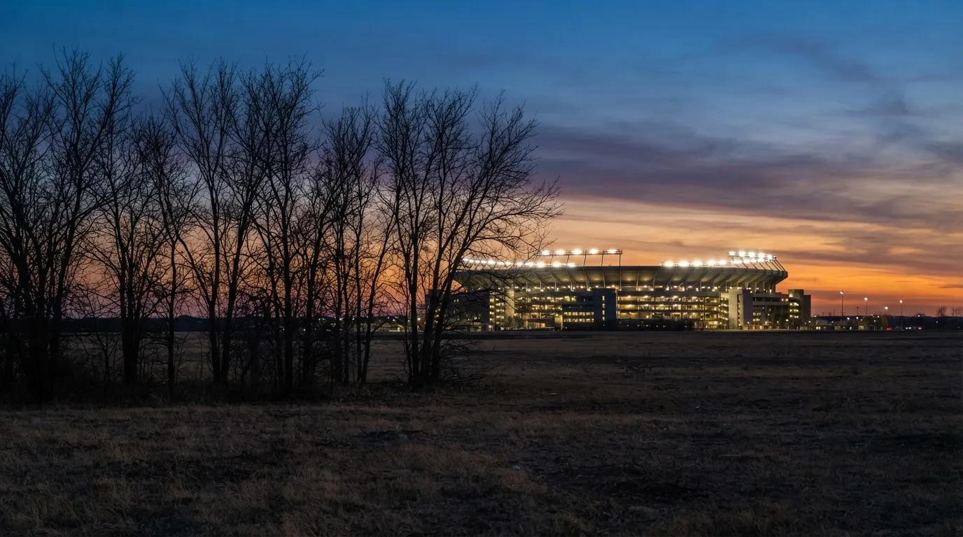 Ein Stadion unter Flutlicht, aus großer Entfernung gesehen, davor eine Reihe kahler Bäume im Dämmerlicht.