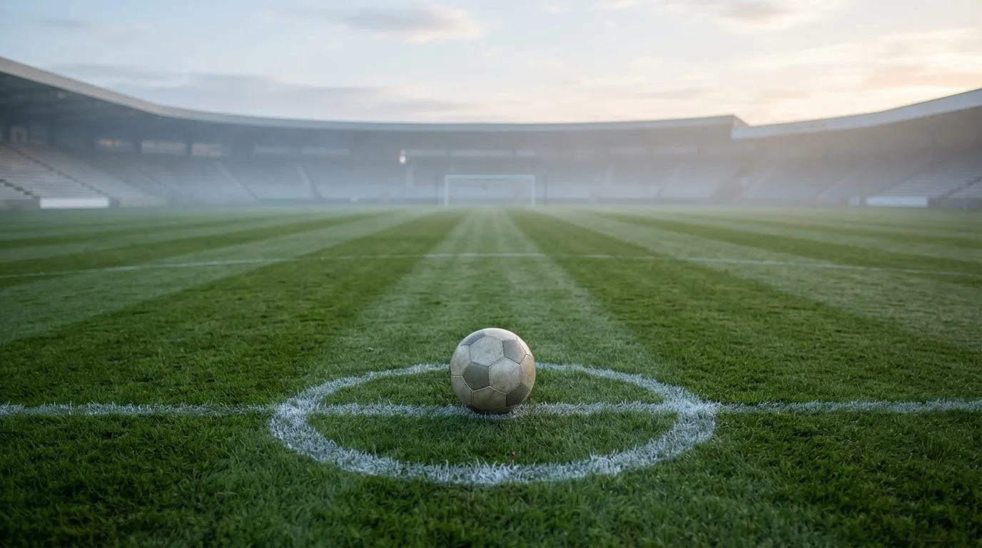 Ein Fußball auf dem Mittelkreis eines leeren Rasenplatzes im frühen Morgenlicht.