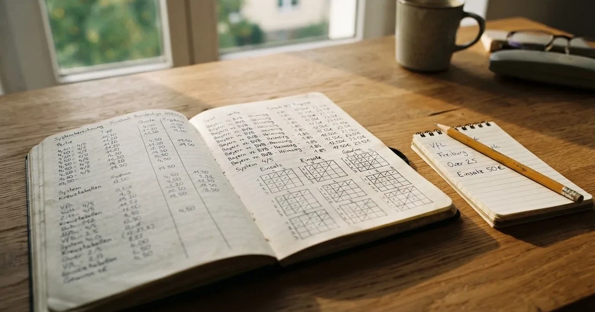 Ein Notizbuch mit handschriftlichen Zahlenreihen und Kästchen liegt neben einem Taschenrechner und einem Bleistift auf einem Schreibtisch.