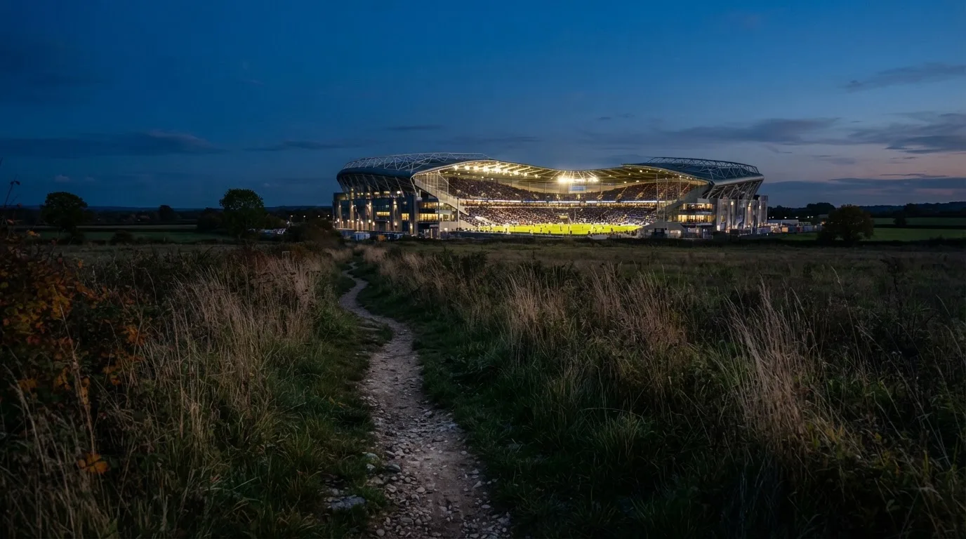 Ein beleuchtetes Stadion aus großer Distanz am Abend, im Vordergrund ein Feldweg.