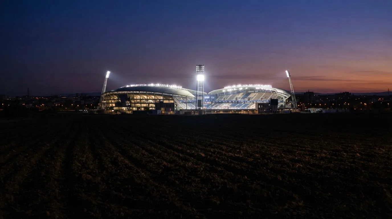 Ein Stadion unter Flutlicht aus großer Entfernung, davor ein dunkler Acker im Abendlicht.