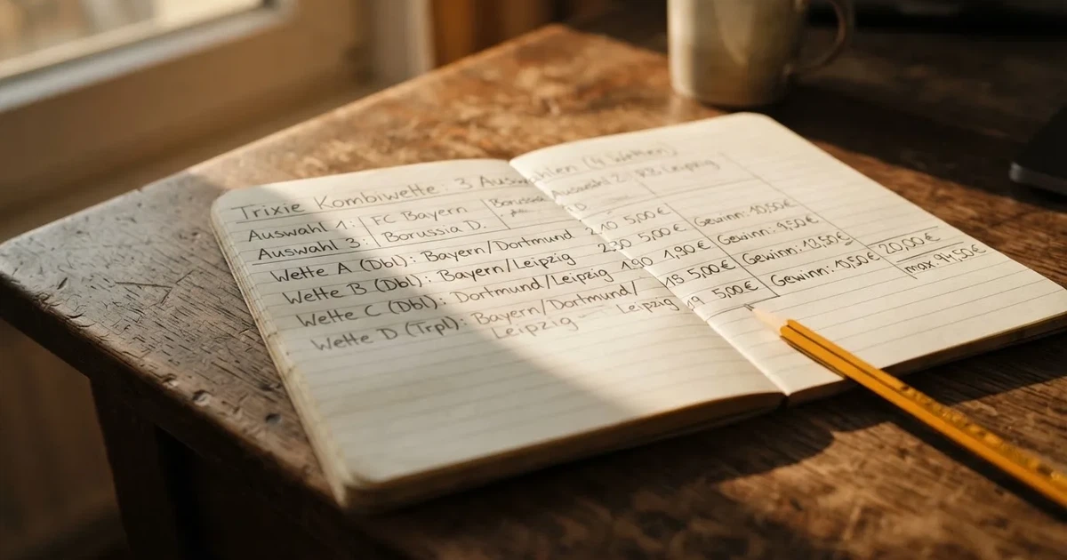 Ein Notizbuch mit handschriftlichen Kästchen und Linien liegt neben einem Bleistift und einem Taschenrechner auf einem Schreibtisch.