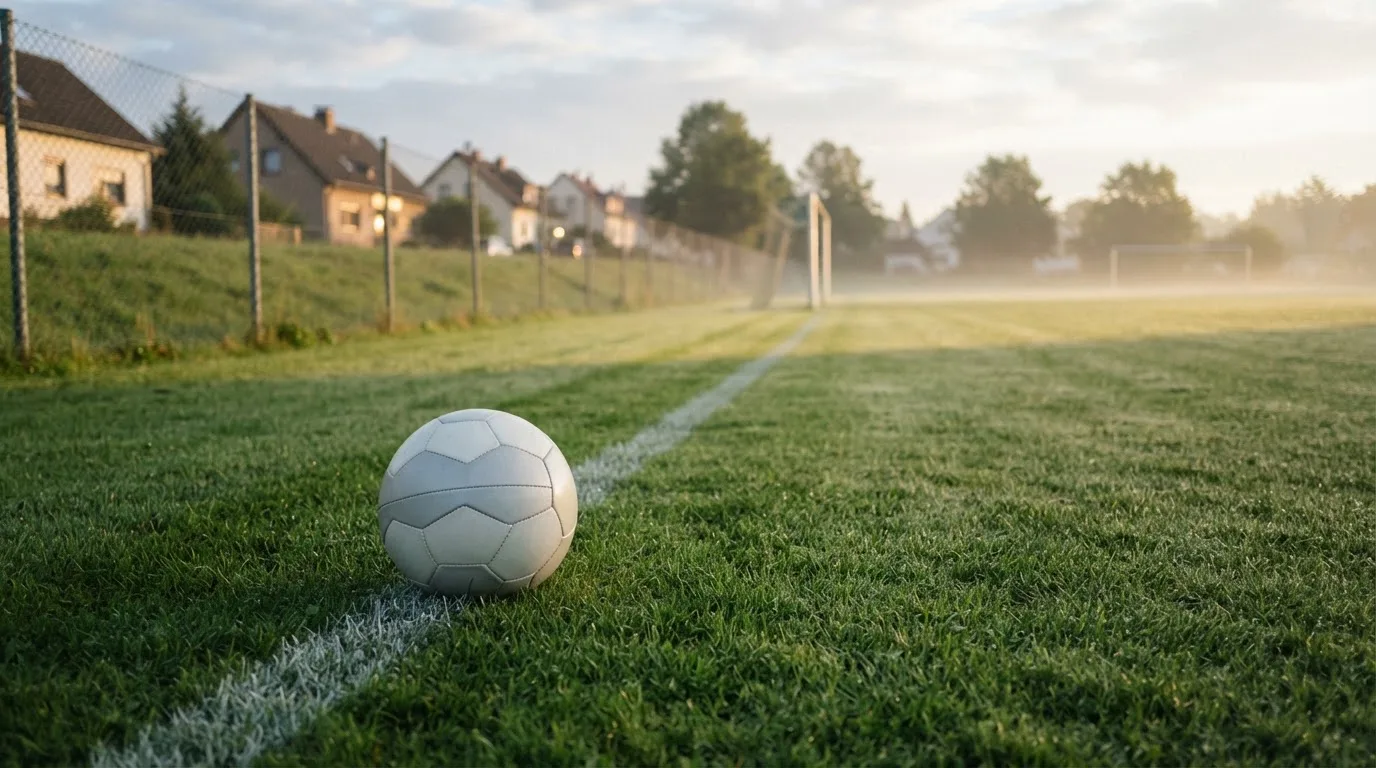 Ein Fußball auf dem Rasen eines leeren Sportplatzes am Rand einer Kleinstadt im Morgenlicht.
