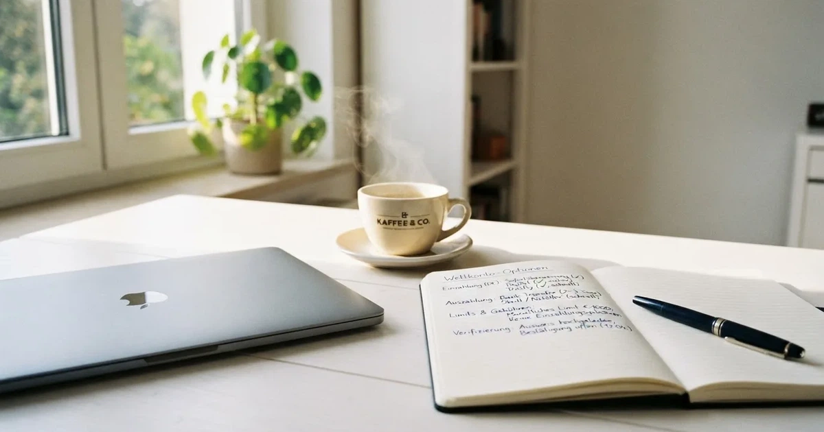 Ein Laptop mit geschlossenem Deckel steht neben einer Kaffeetasse und einem Notizbuch auf einem hellen Schreibtisch.