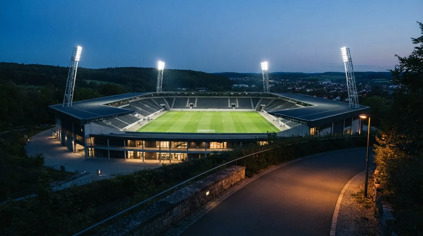 Ein Stadion unter Flutlicht, von einer Anhöhe aus gesehen, davor ein stiller Weg in der Dämmerung.