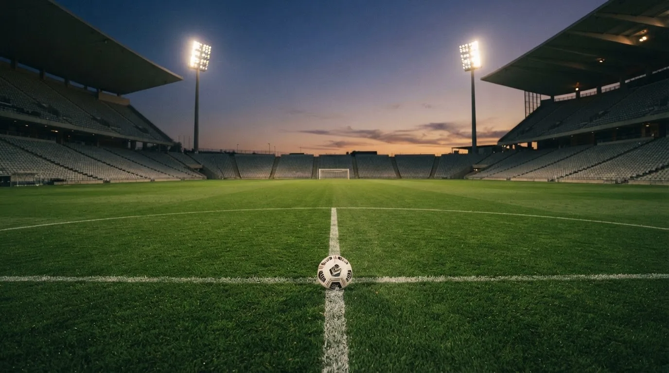 Ein Fußball liegt auf dem Anstoßpunkt eines leeren Rasenplatzes, im Hintergrund ein Stadion unter Flutlicht in der Abenddämmerung.
