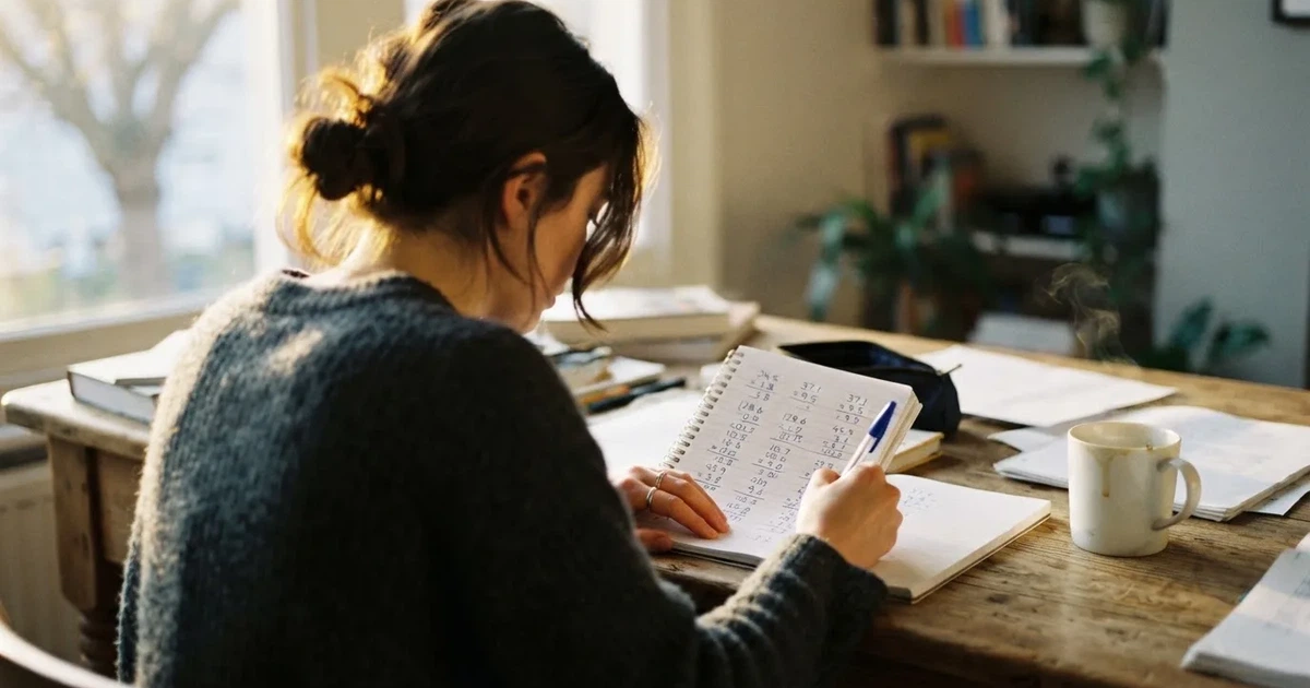 Ein Notizbuch mit handschriftlichen Rechnungen und ein Taschenrechner liegen auf einem Schreibtisch neben einer Tasse Kaffee im Licht des frühen Morgens.