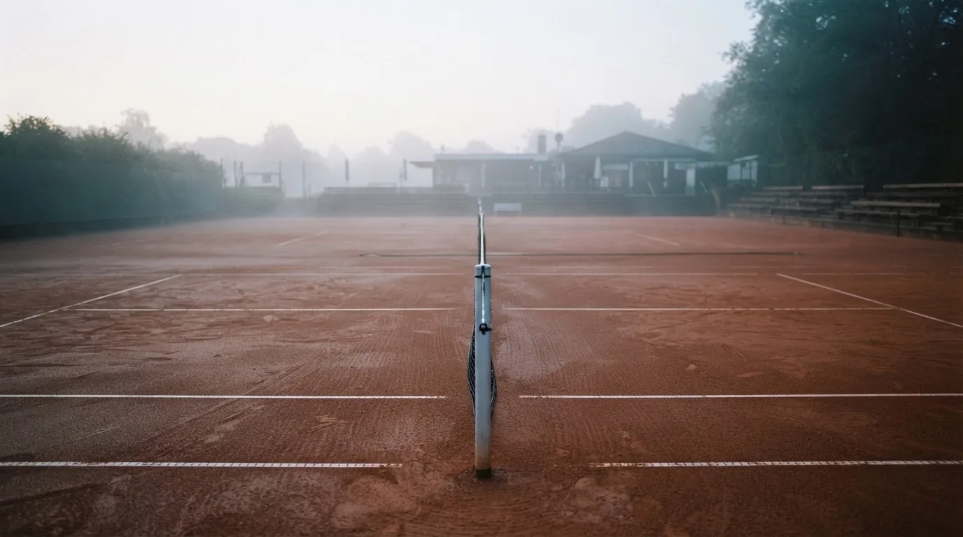 Ein Tennisplatz im Morgengrauen, das Netz und die Linien liegen im Tau, im Hintergrund leichter Nebel und kein Mensch zu sehen.