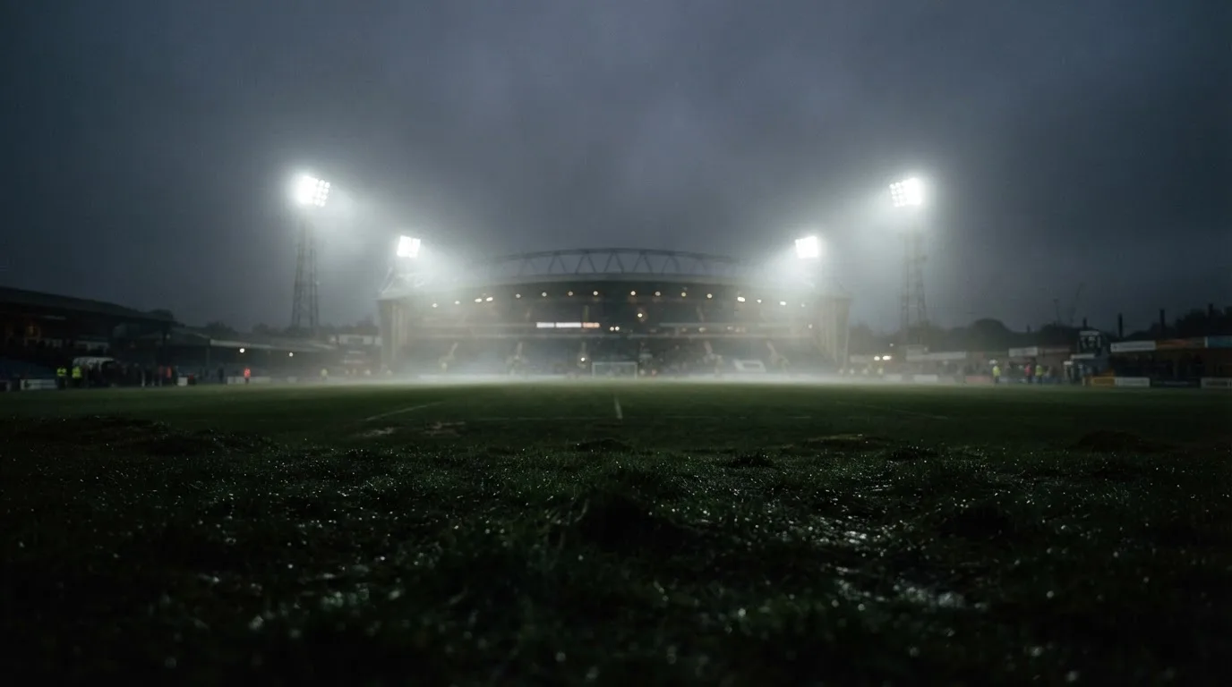 Ein Stadion unter Flutlicht, aus großer Entfernung über eine dunkle Wiese fotografiert, am Himmel zieht Nebel auf.