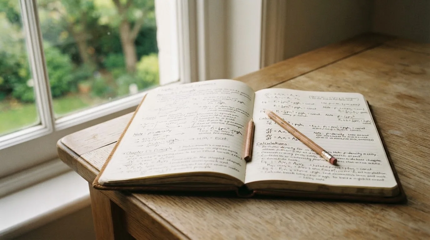Ein Notizbuch mit handschriftlichen Notizen und ein Bleistift liegen auf einem Schreibtisch am Fenster, draußen fällt Morgenlicht herein.