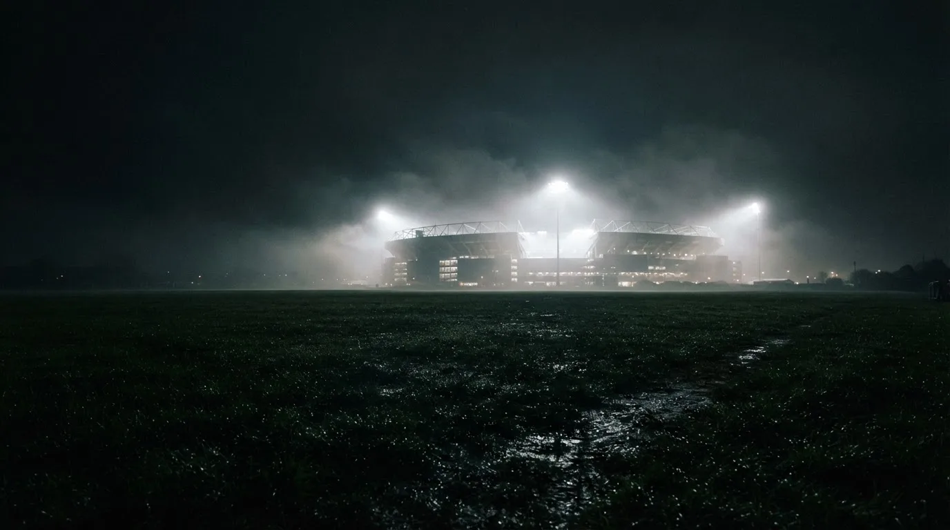 Ein Stadion unter Flutlicht, aus großer Entfernung über eine dunkle Wiese fotografiert, am Himmel zieht Nebel auf.