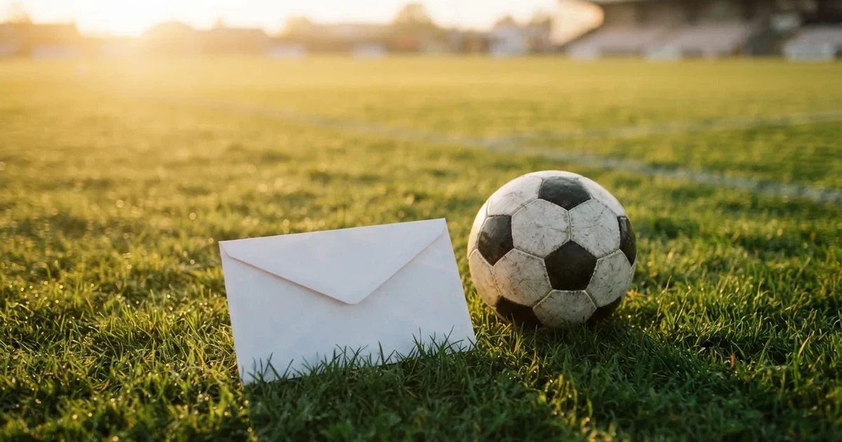 Ein verschlossener leerer Briefumschlag liegt neben einem Fußball auf grünem Rasen im warmen Licht des Nachmittags.