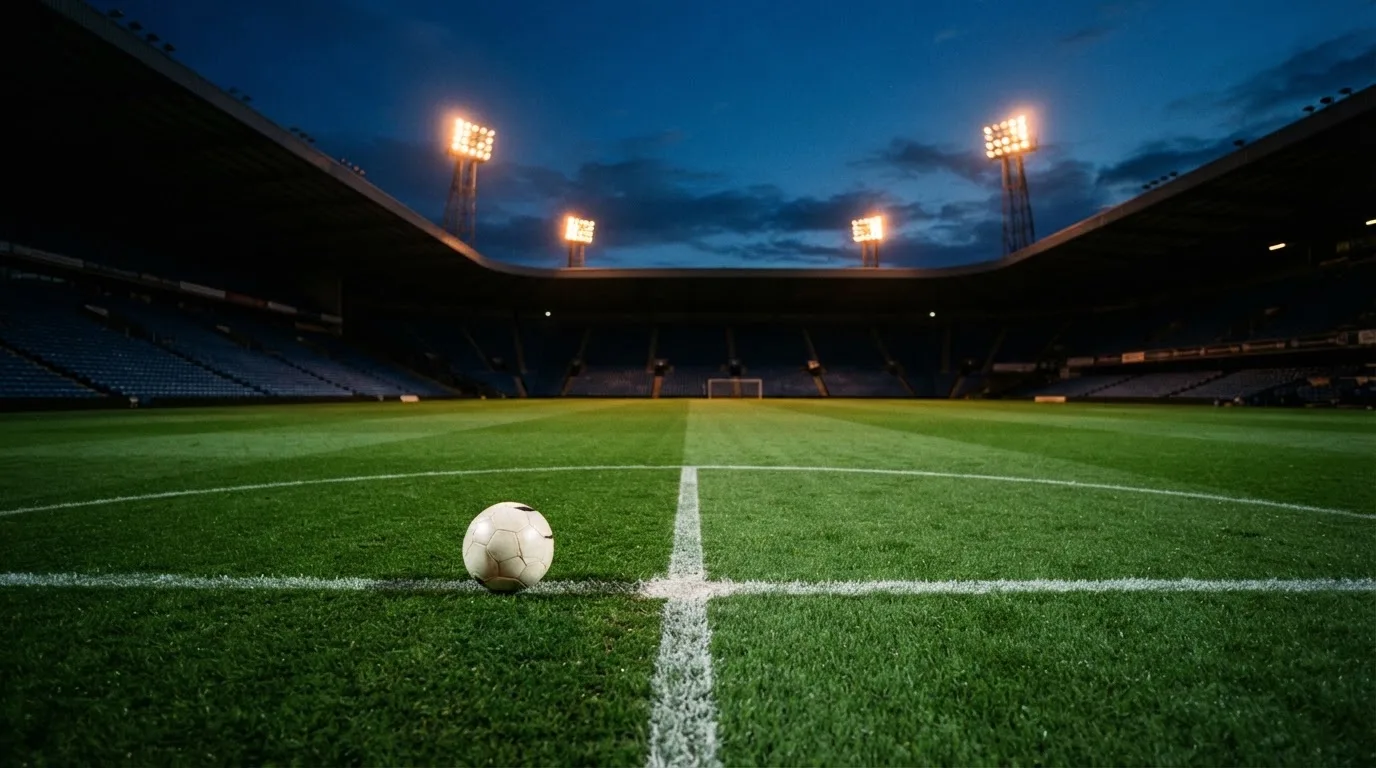 Ein Fußball liegt auf dem Anstoßpunkt eines leeren Rasenplatzes, im Hintergrund steht ein Stadion unter Flutlicht in der Dämmerung.