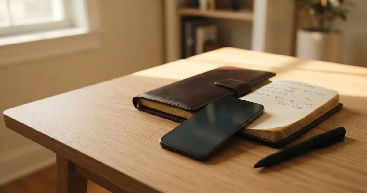 Ein Smartphone liegt neben einem Notizbuch und einem Kugelschreiber auf einem hellen Schreibtisch, das Display ist ausgeschaltet.