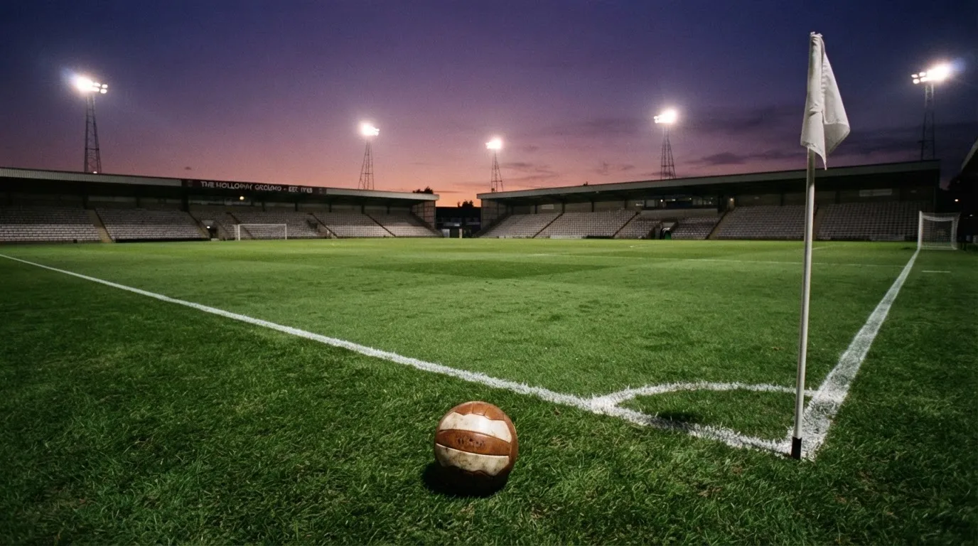 Ein Fußball liegt auf dem Rasen eines leeren Platzes, im Hintergrund ein Stadion unter Flutlicht in der Abenddämmerung.