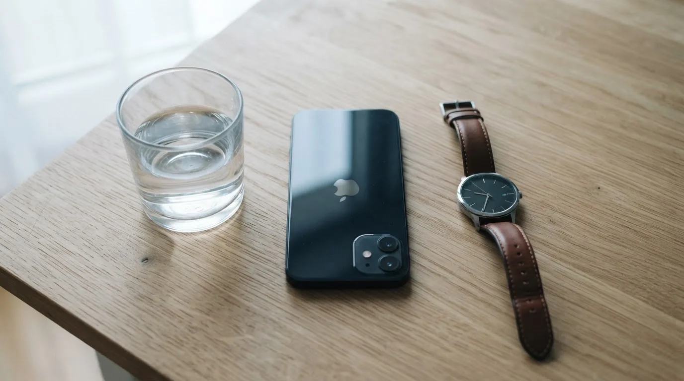 Ein Smartphone liegt mit dem Display nach unten auf einem Küchentisch, daneben stehen ein Glas Wasser und eine Armbanduhr.