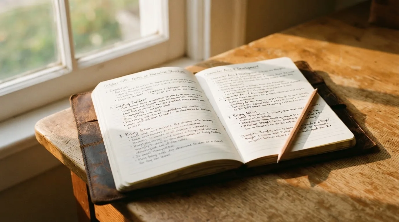 Ein Notizbuch mit handschriftlichen Notizen und ein Bleistift liegen auf einem Schreibtisch am Fenster, draußen fällt Morgenlicht herein.