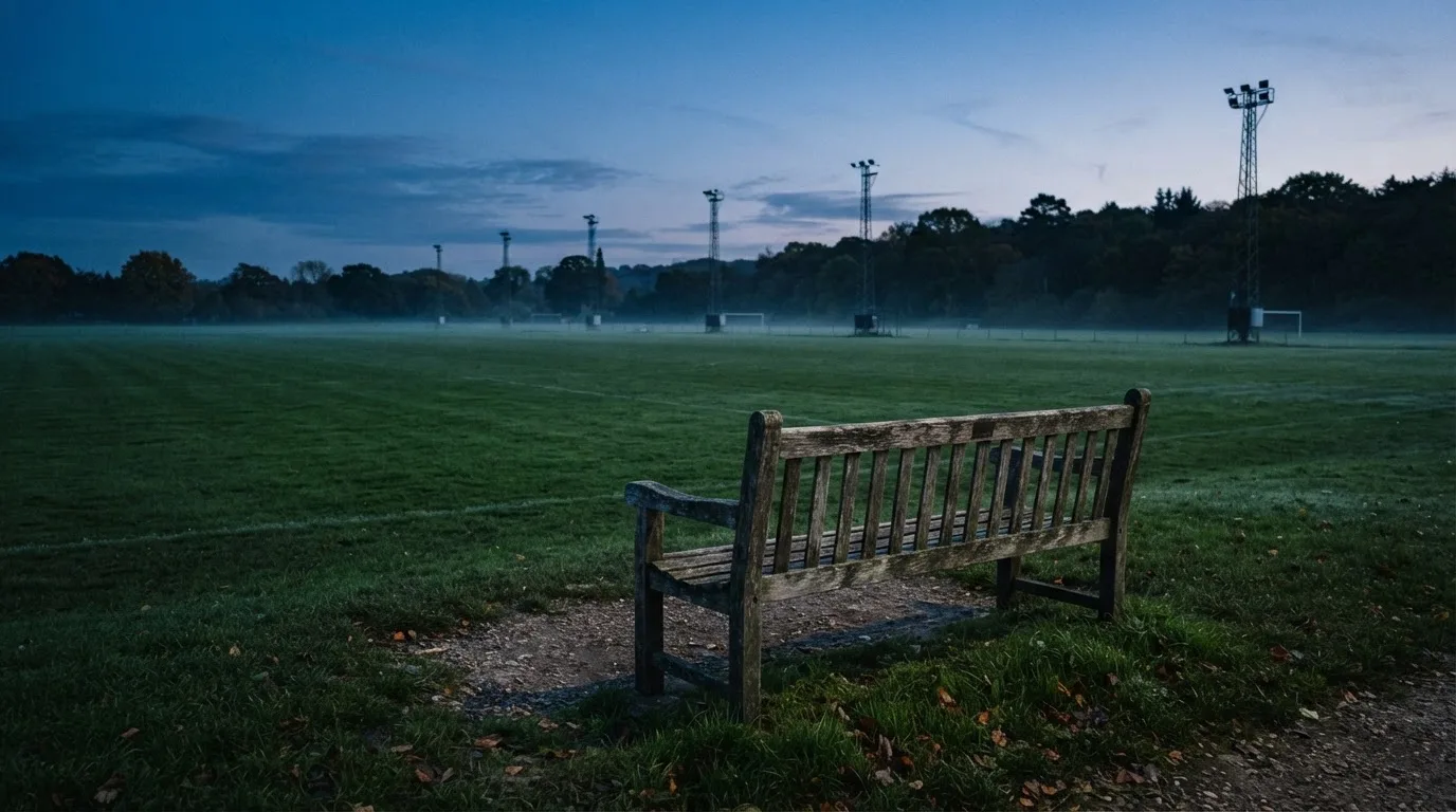 Eine leere Parkbank am Rand eines Fußballfelds in der Abenddämmerung, im Hintergrund ragen dunkle Flutlichtmasten in den Himmel.