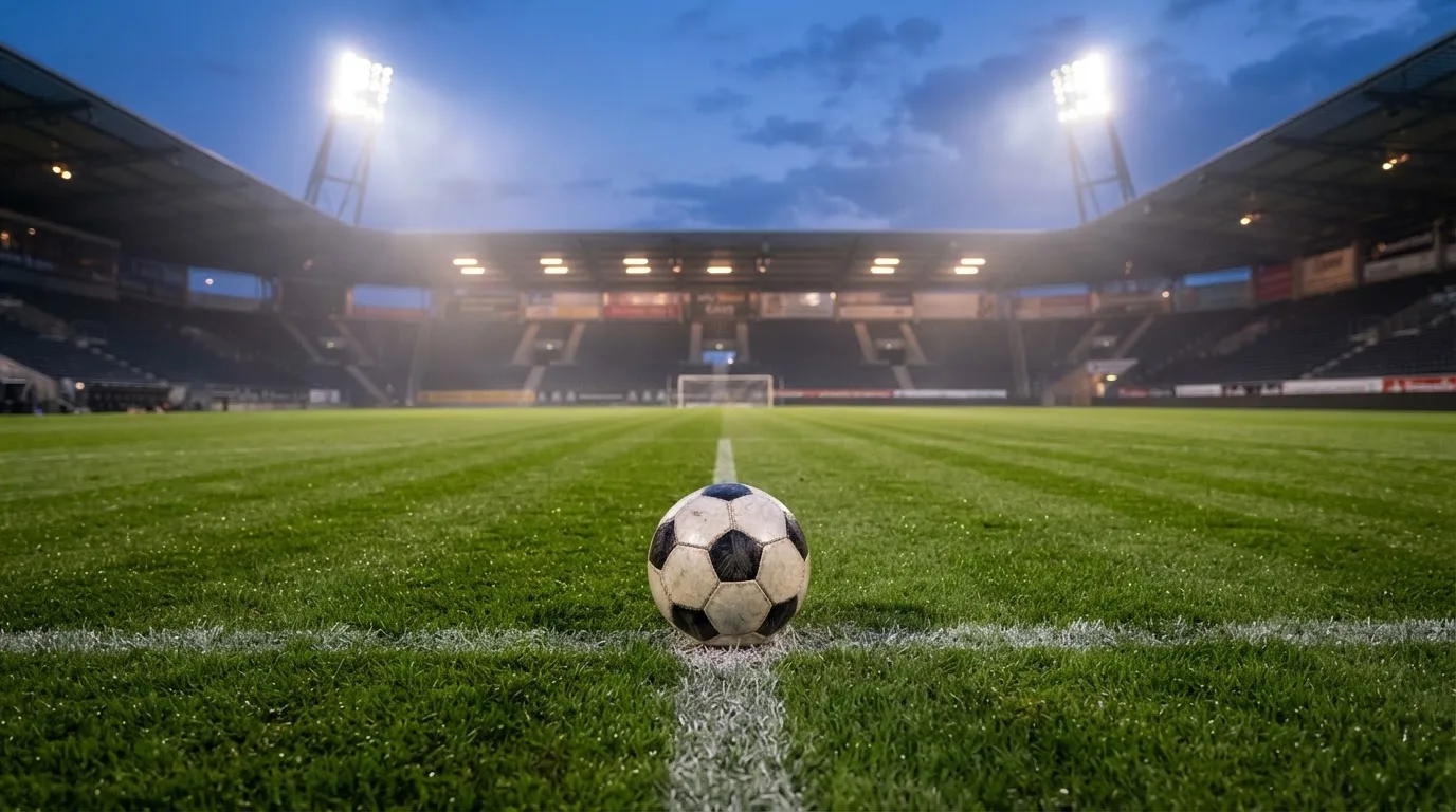 Ein Fußball liegt auf dem Anstoßpunkt eines leeren Rasenplatzes, im Hintergrund steht ein Stadion unter Flutlicht in der Dämmerung.