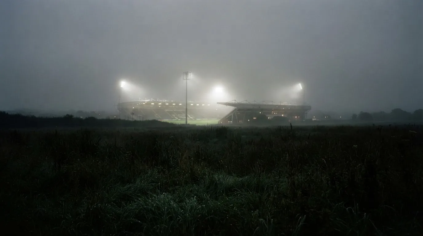 Ein Stadion unter Flutlicht, aus großer Entfernung über eine dunkle Wiese fotografiert, am Himmel zieht Nebel auf.