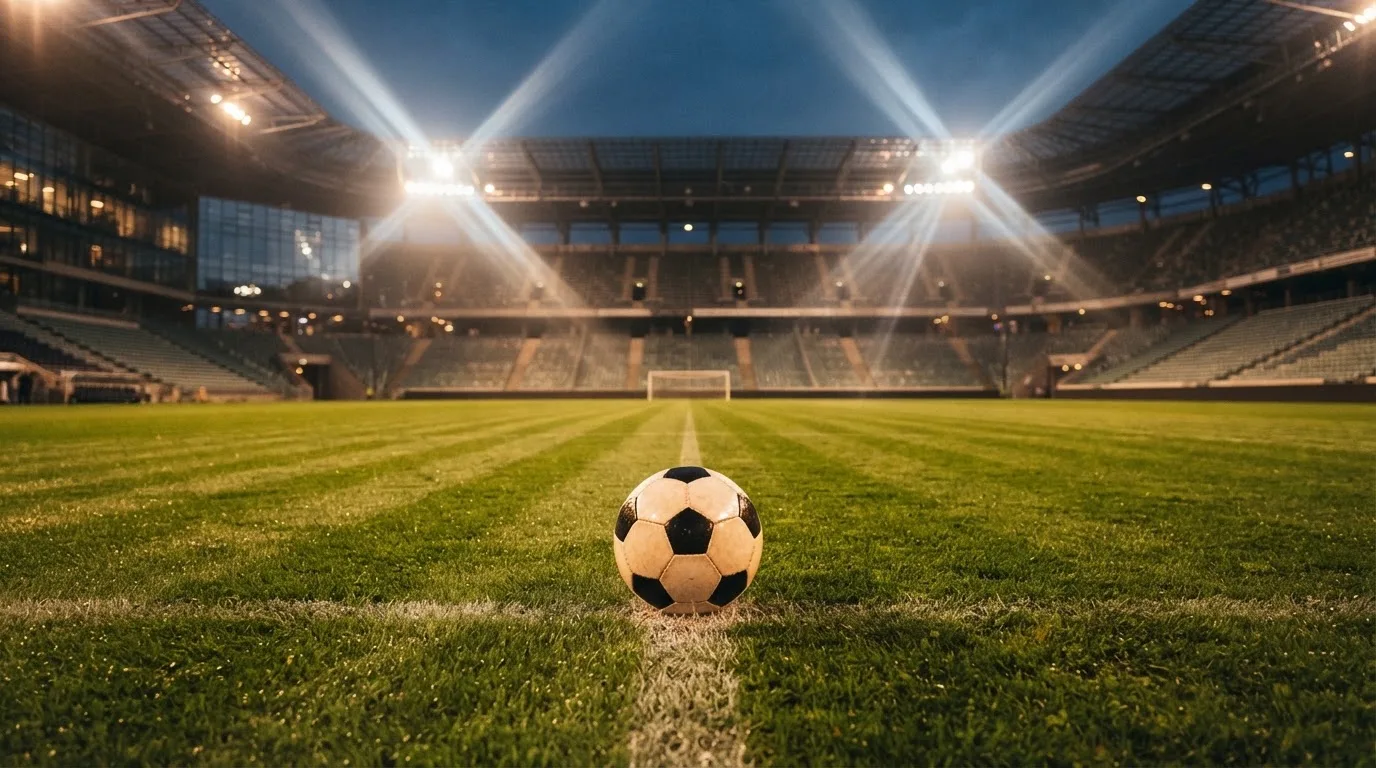 Ein Fußball liegt auf dem Rasen eines leeren Platzes, im Hintergrund ein Stadion unter Flutlicht in der Abenddämmerung.