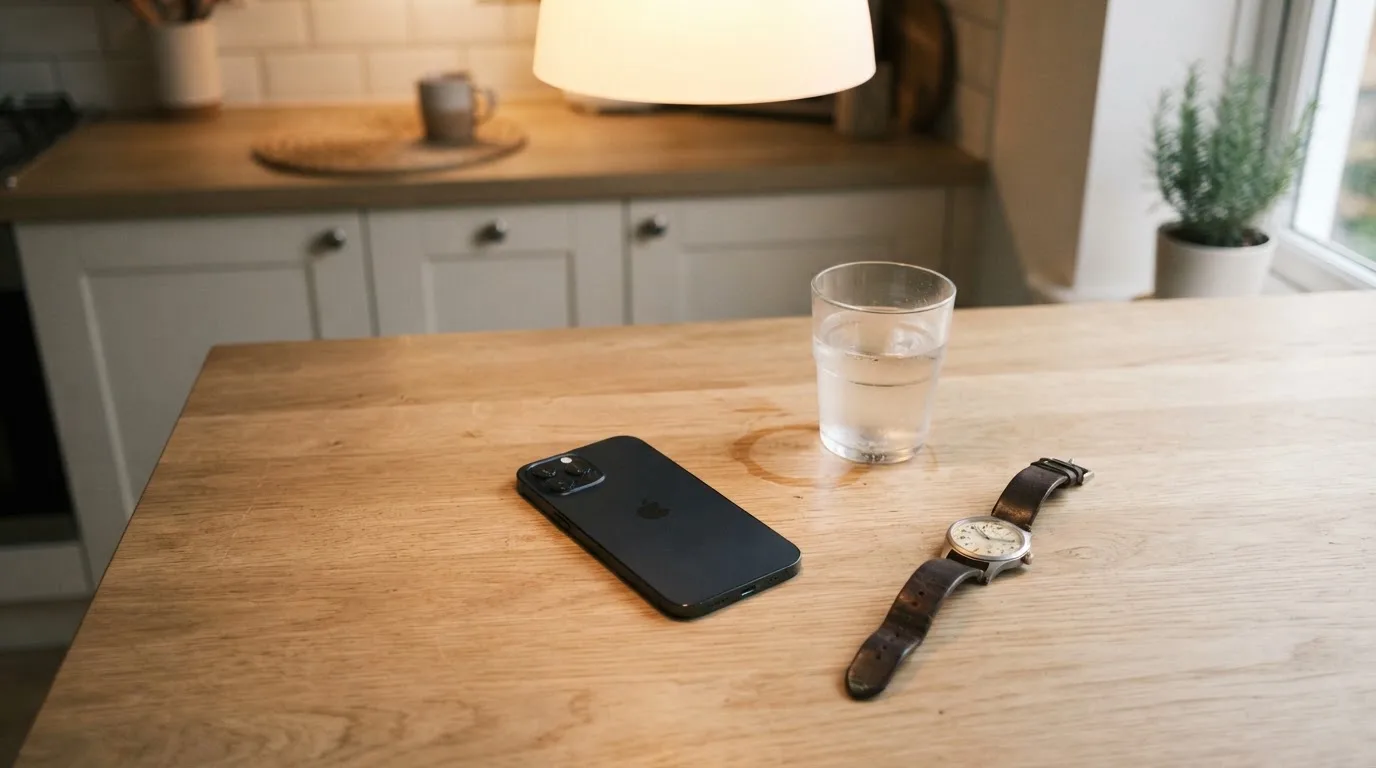 Ein Smartphone liegt mit dem Display nach unten auf einem Küchentisch, daneben stehen ein Glas Wasser und eine Armbanduhr.