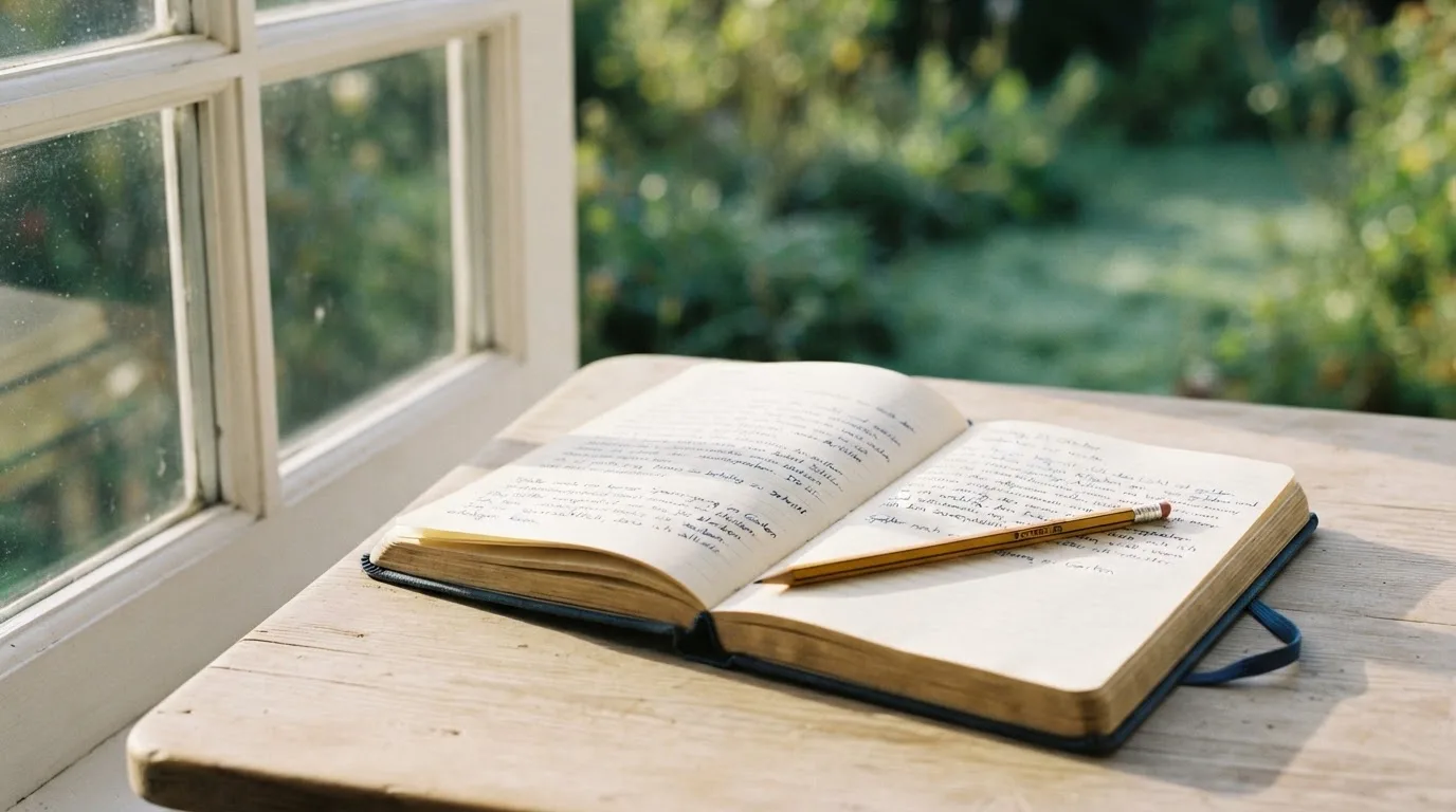 Ein Notizbuch mit handschriftlichen Notizen und ein Bleistift liegen auf einem Schreibtisch am Fenster, draußen fällt Morgenlicht herein.