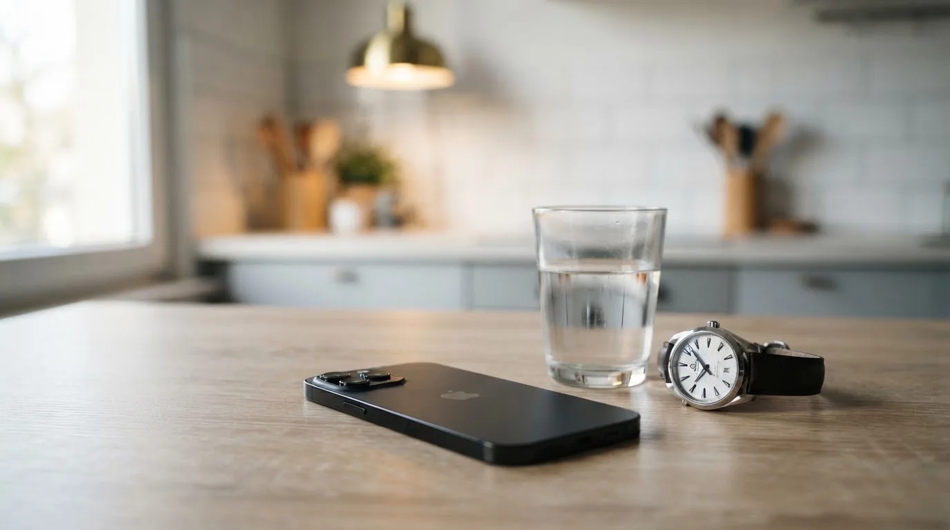 Ein Smartphone liegt mit dem Display nach unten auf einem Küchentisch, daneben stehen ein Glas Wasser und eine Armbanduhr.