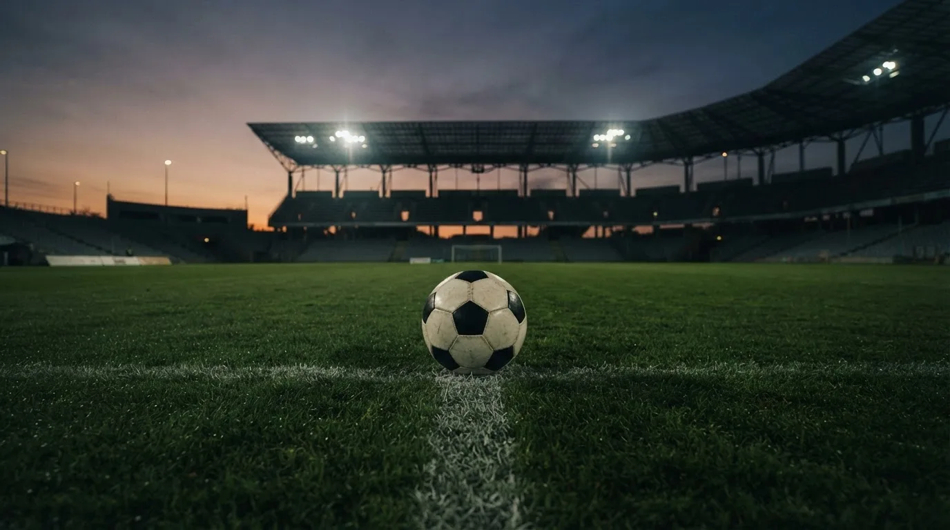 Ein Fußball liegt auf dem Anstoßpunkt eines leeren Rasenplatzes, im Hintergrund steht ein Stadion unter Flutlicht in der Dämmerung.