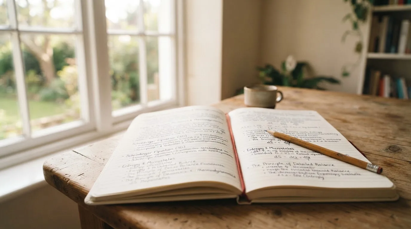 Ein Notizbuch mit handschriftlichen Notizen und ein Bleistift liegen auf einem Schreibtisch am Fenster, draußen fällt Morgenlicht herein.