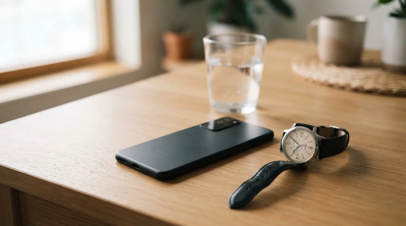 Ein Smartphone liegt mit dem Display nach unten auf einem Küchentisch, daneben stehen ein Glas Wasser und eine Armbanduhr.
