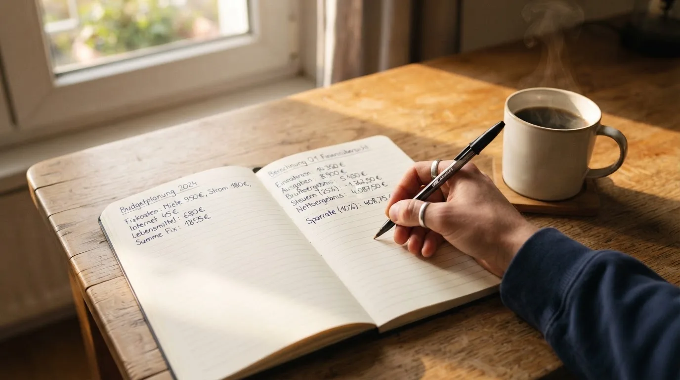Ein Notizbuch mit handschriftlichen Rechnungen und ein Taschenrechner liegen auf einem Schreibtisch neben einer Tasse Kaffee im Licht des frühen Morgens.