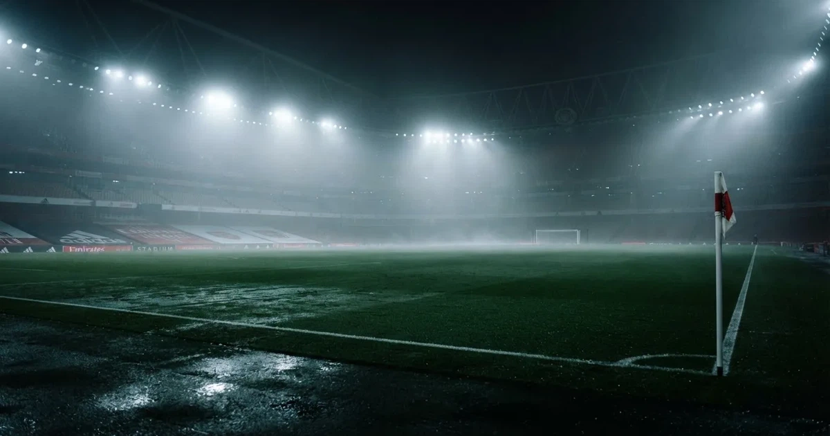 Ein Stadion unter Flutlicht, aus großer Entfernung über eine dunkle Wiese fotografiert, am Himmel zieht Nebel auf.