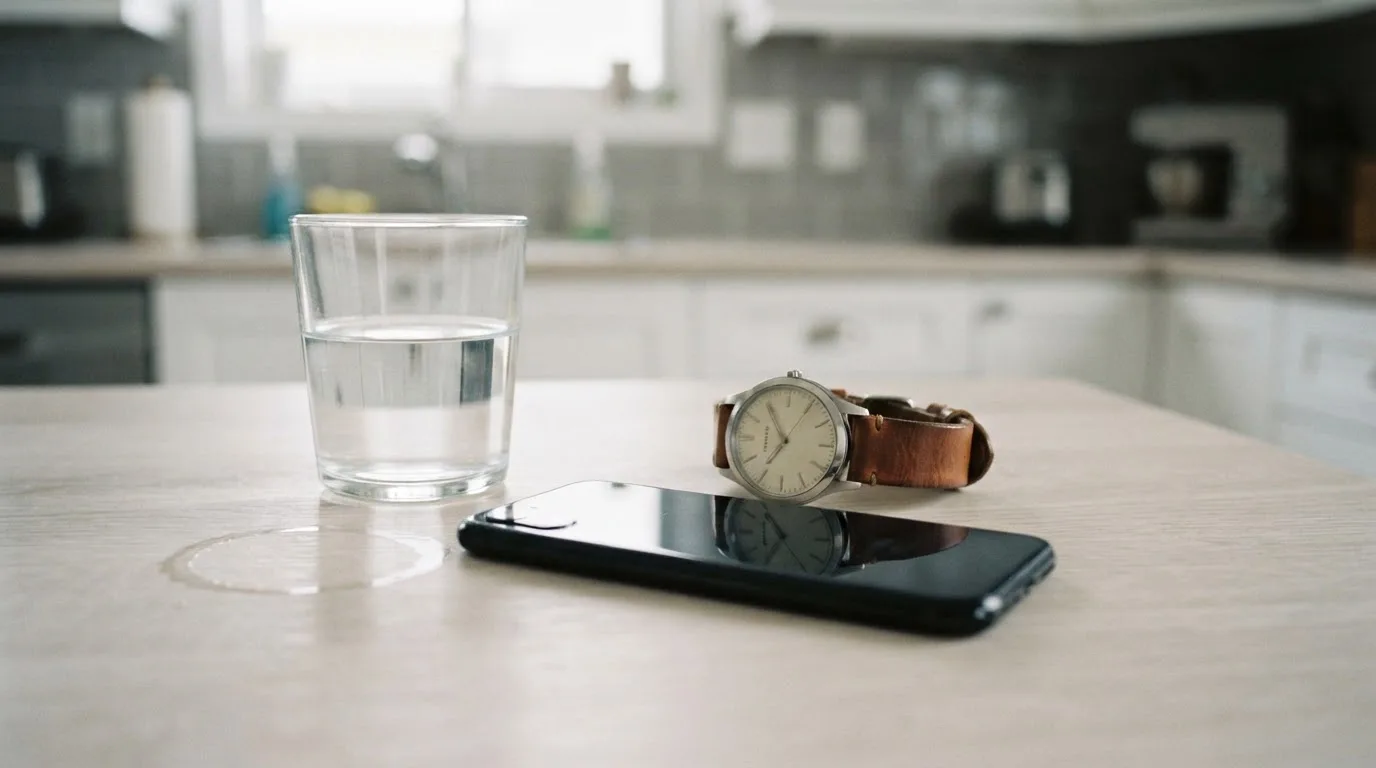 Ein Smartphone liegt mit dem Display nach unten auf einem Küchentisch, daneben stehen ein Glas Wasser und eine Armbanduhr.